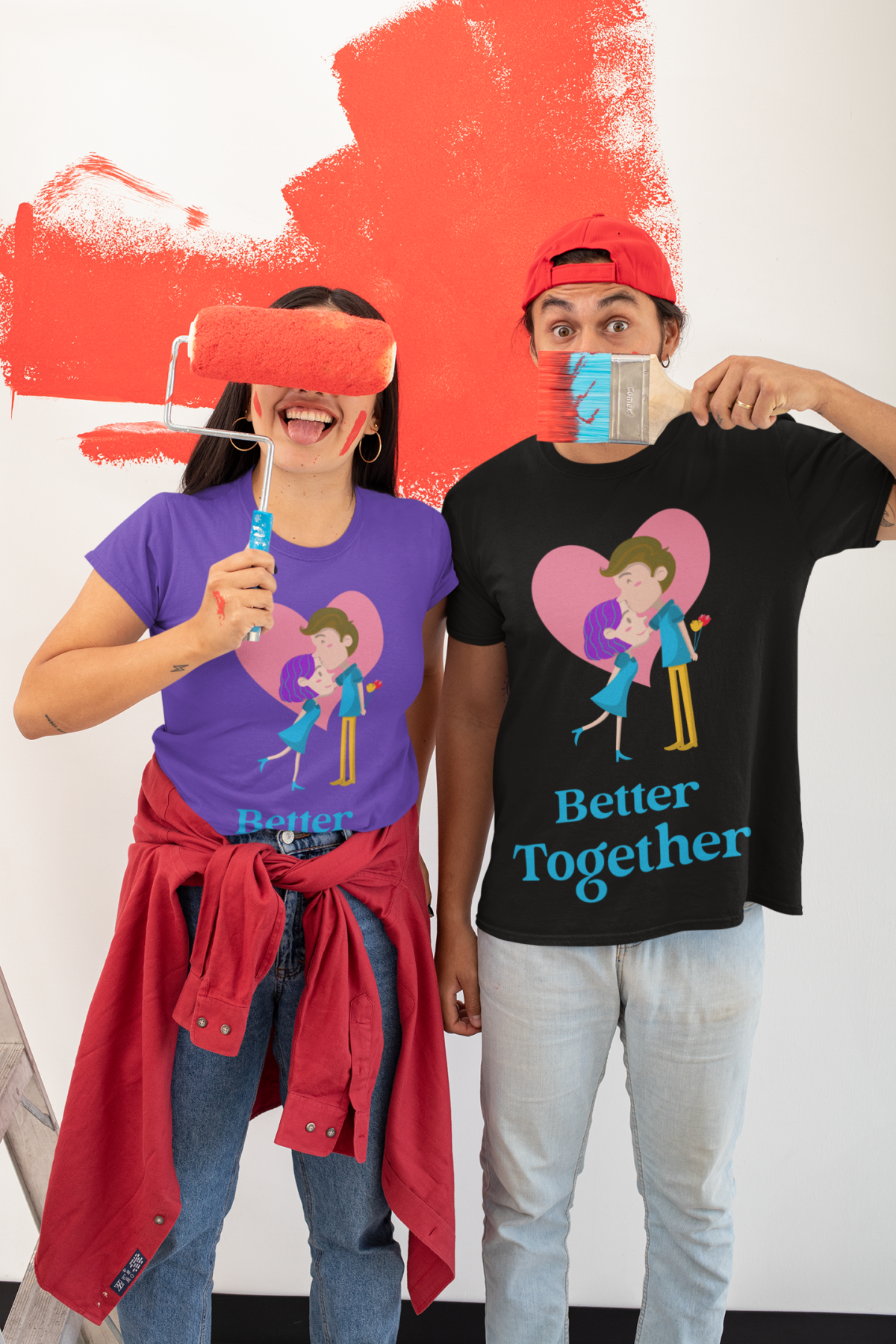 Better Together Couple painting wearing POD (Print On Demand) t-shirts